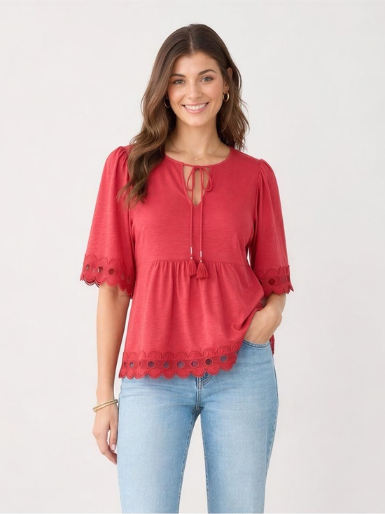 Boden Tops - Boden Ayla Jersey Coral Tie-Neck Top with Scalloped Eyelet Trim